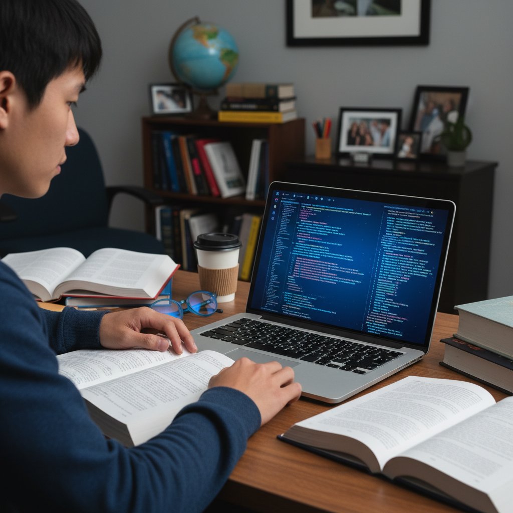Zbliżenie na ekran laptopa studenta z widocznym kodem AI, książkami i notatkami