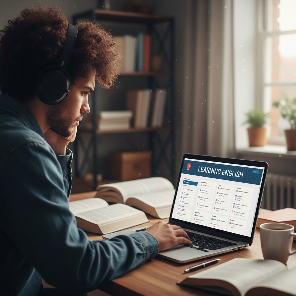 Uczeń z Lublina uczący się angielskiego, skupiony i pracujący z laptopem oraz materiałami egzaminacyjnymi