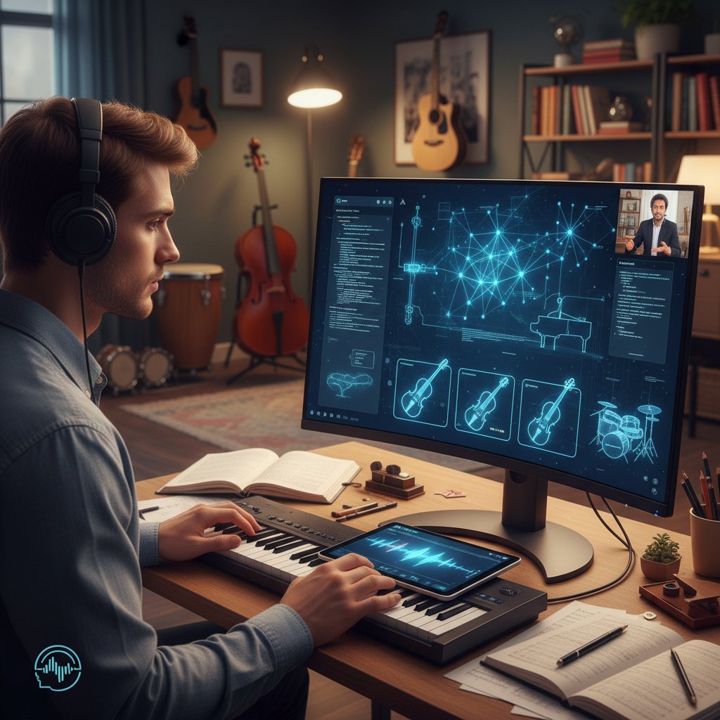 Zdjęcie osoby uczącej się na komputerze z widocznym interfejsem AI, instrumenty w tle – instrumentoznawstwo online, personalizacja nauki