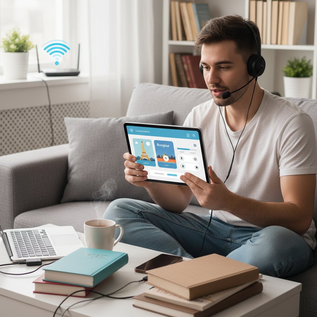 Młoda osoba korzystająca z aplikacji do nauki języka na smartfonie w domowym biurze