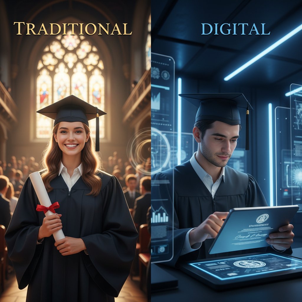 Student porównuje dyplom online i tradycyjny, zamyślony wyraz twarzy w domowym otoczeniu