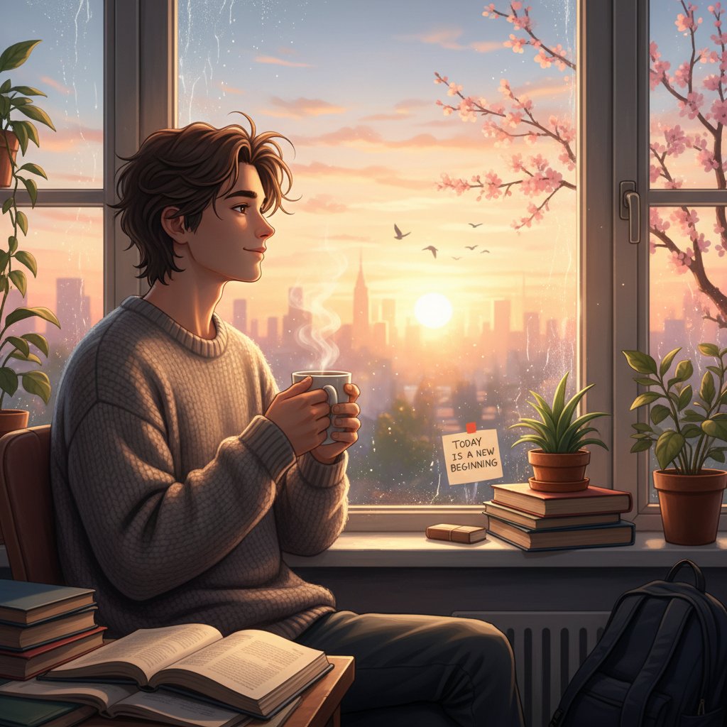 Student patrzący przez okno o wschodzie słońca, symbolizujący nowy początek nauki