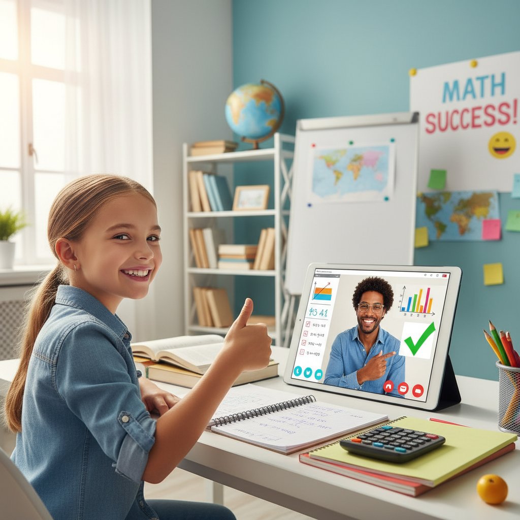 Sukces Magdy – uczennica zadowolona po lekcji online z matematyki, uśmiechnięta nauczycielka na ekranie