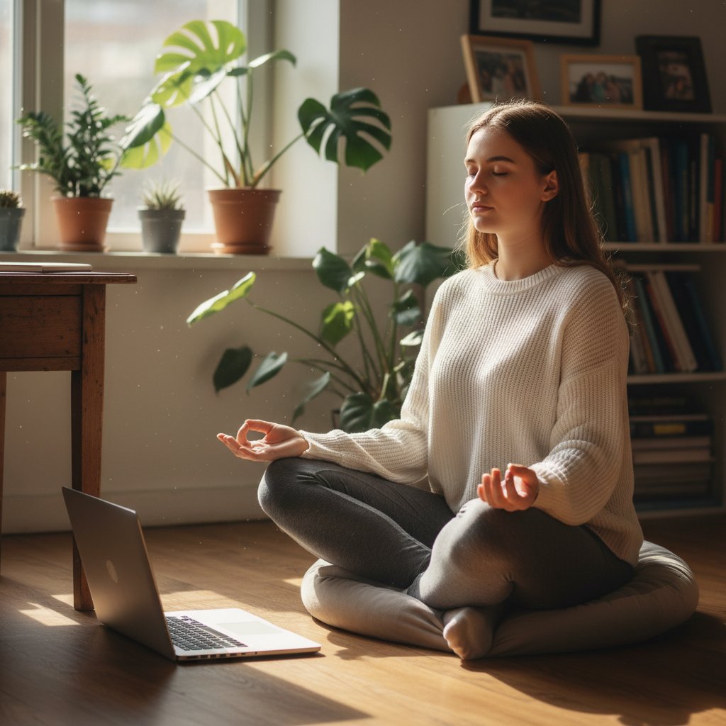 Uczeń medytujący przy zamkniętym laptopie