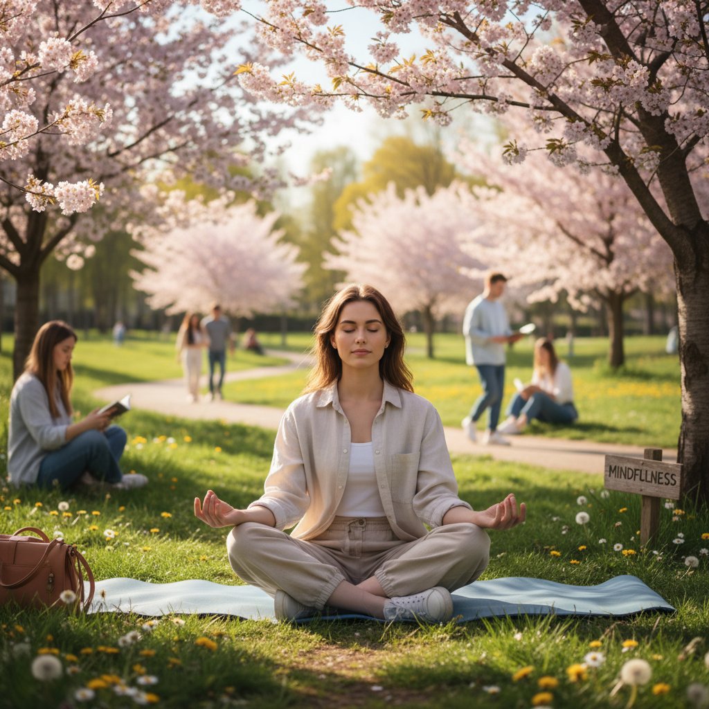 Artystyczne zdjęcie ucznia medytującego w wiosennym parku, pogodna atmosfera