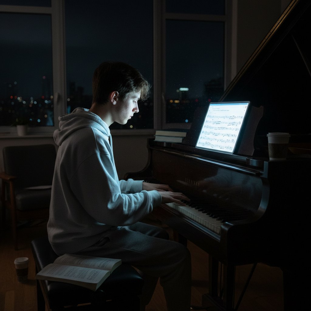 Uczeń ćwiczący fortepian po nocach – wyzwania samodzielnej nauki online