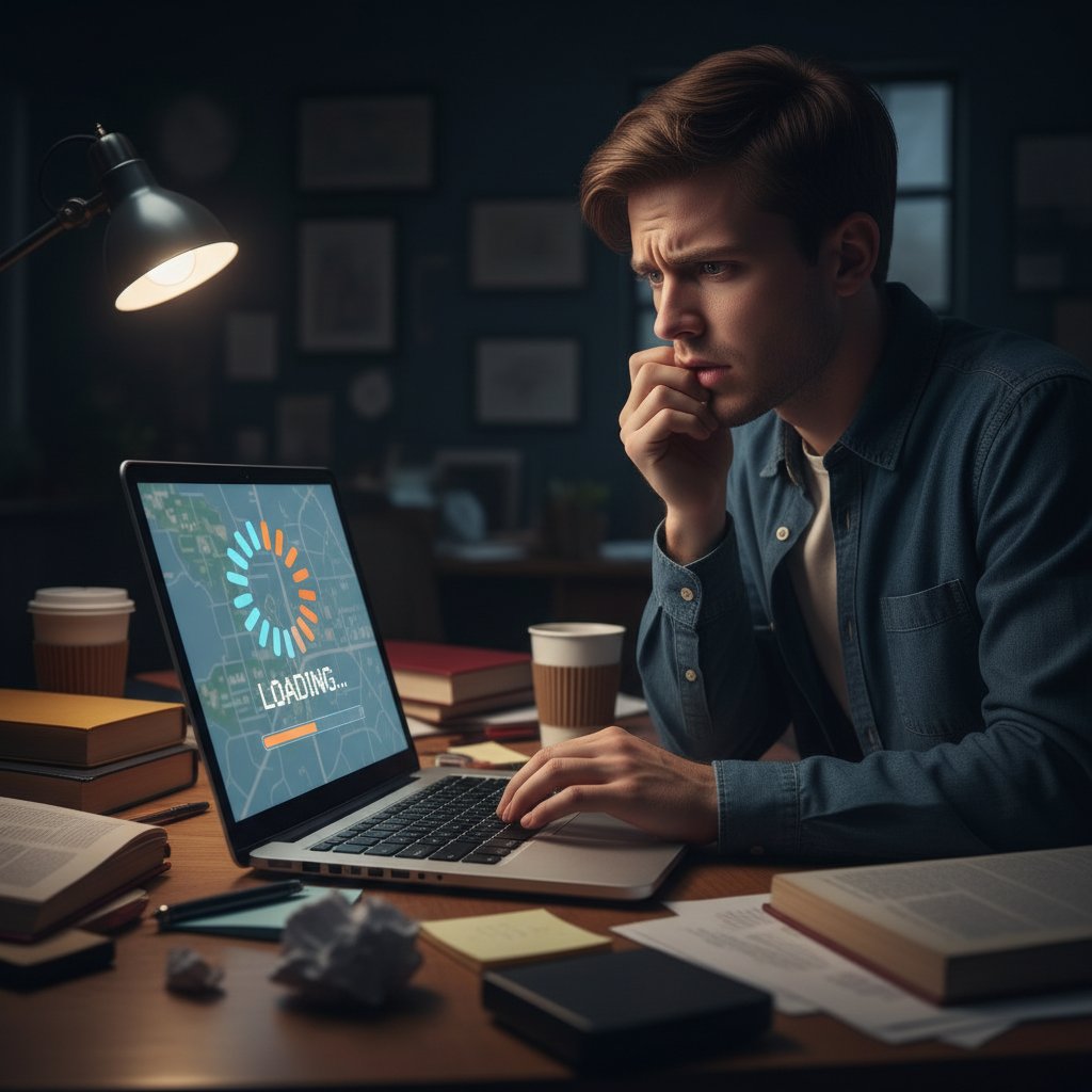 Kandydat do egzaminu komorniczego w napięciu przed komputerem