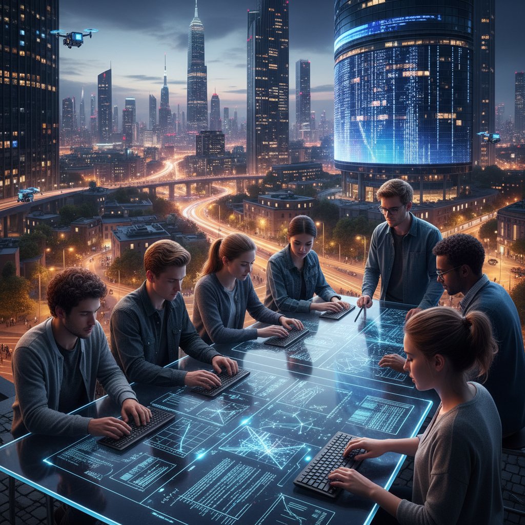 Student nocą przy komputerze z rzutem na ekrany pełne wzorów, symbolizujący wyzwania matematyki dyskretnej online