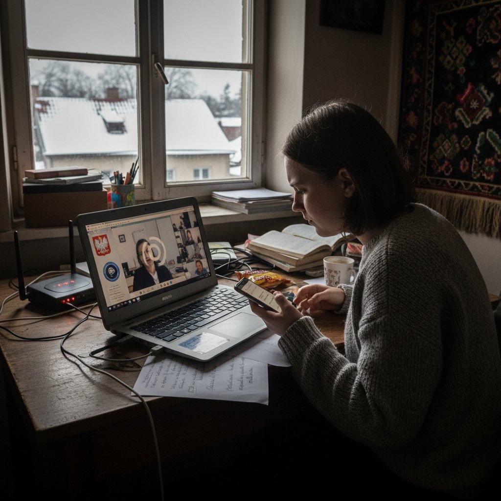 Zdjęcie ucznia w domu, ze starym laptopem i słabym dostępem do internetu, nauka WOS