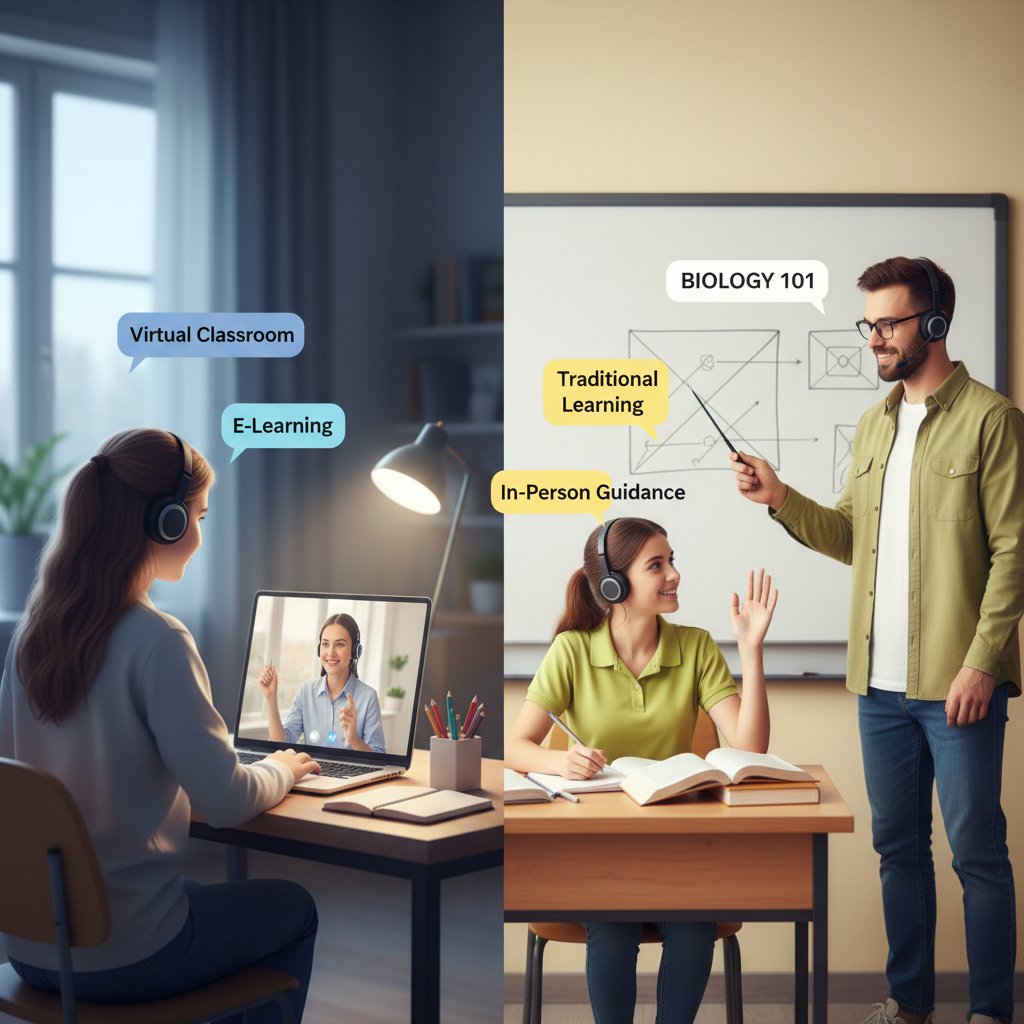 Porównanie nauki online i offline – nastolatek przy laptopie, drugi z nauczycielem