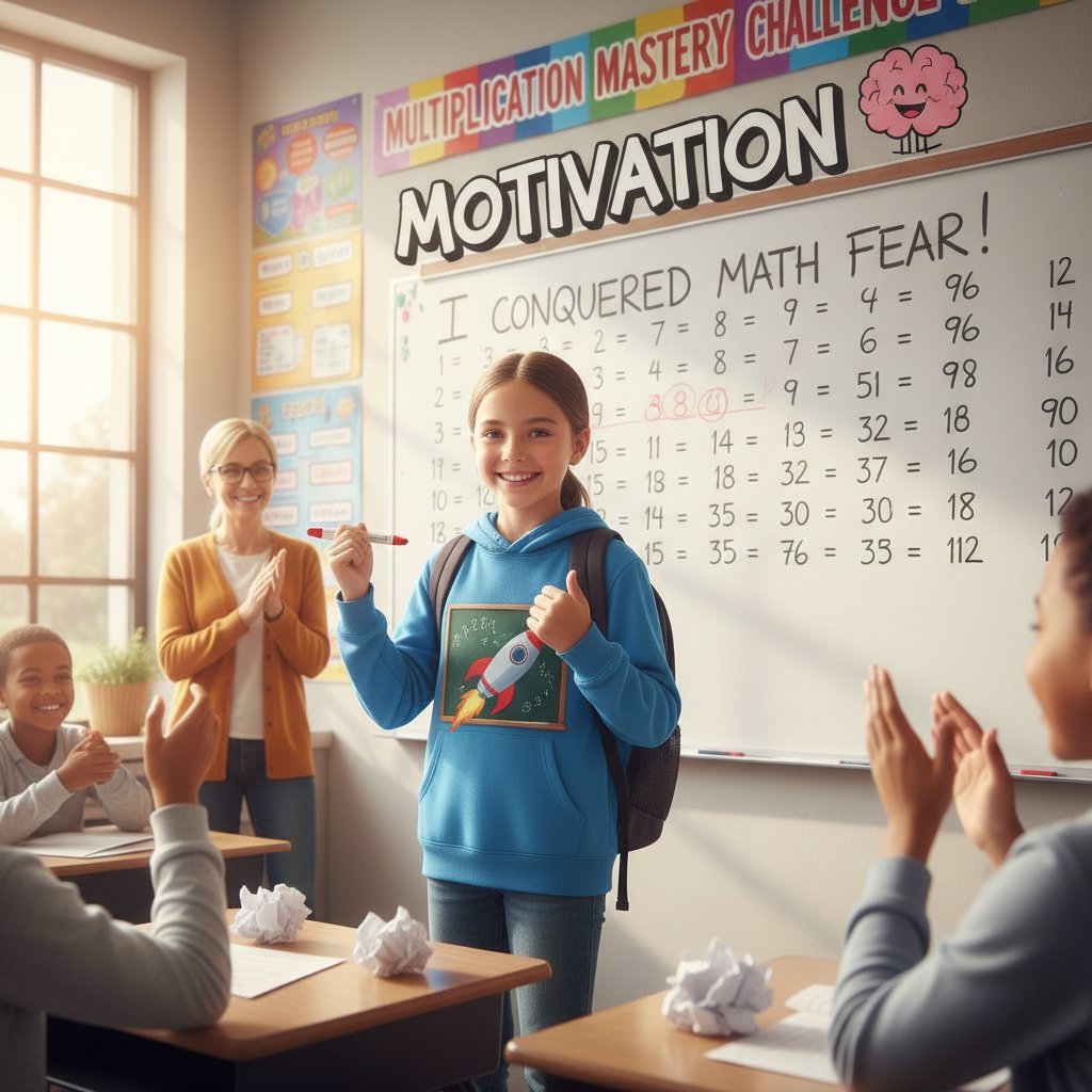 Uczeń przełamujący strach przed matematyką, motywacja, tabliczka mnożenia