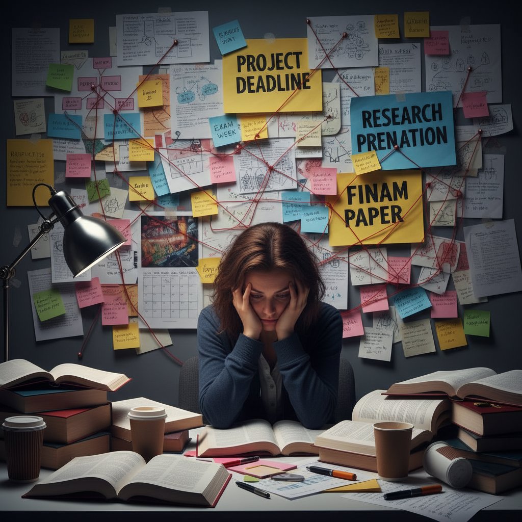 Student przytłoczony ścianą notatek, obrazujący emocjonalny ciężar nauki