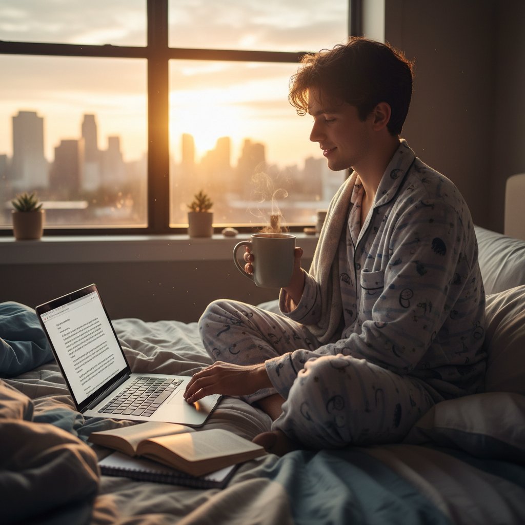 Uczeń w piżamie z filiżanką kawy, laptop, wschód słońca za oknem, codzienność nauki WOS online