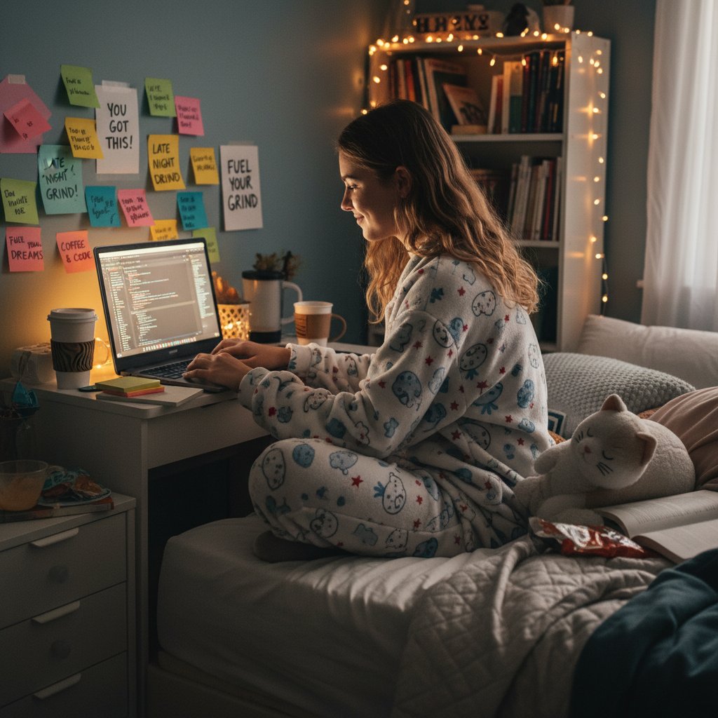 Uczeń w piżamie przy komputerze, motywacyjne notatki wokół