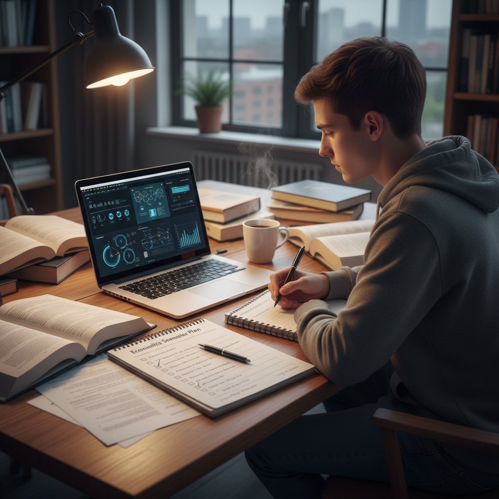 Uczennica planująca naukę ekonomii przy laptopie, notatnik i checklista na stole