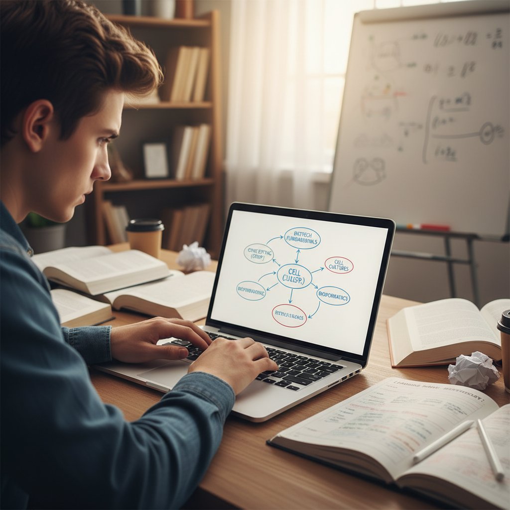 Student planujący naukę biotechnologii online za pomocą laptopa i notatnika, spokojna atmosfera, słowa kluczowe: planowanie nauki, biotechnologia online, efektywność