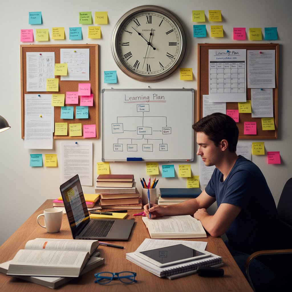Uczeń planujący naukę przy biurku, na ścianie notatki i zegar pokazujący upływający czas