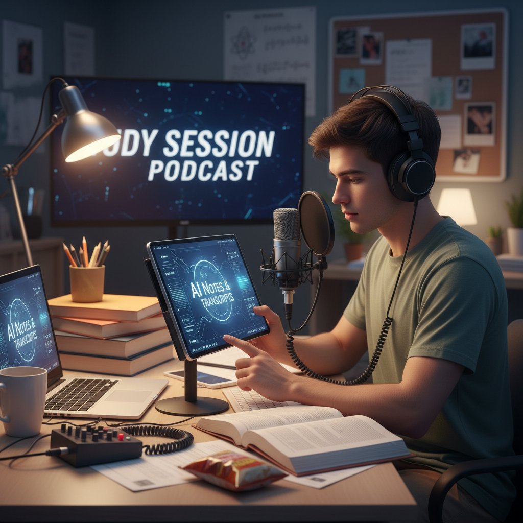 Maturzysta słuchający podcastu edukacyjnego na słuchawkach, obok notatki AI na ekranie telefonu
