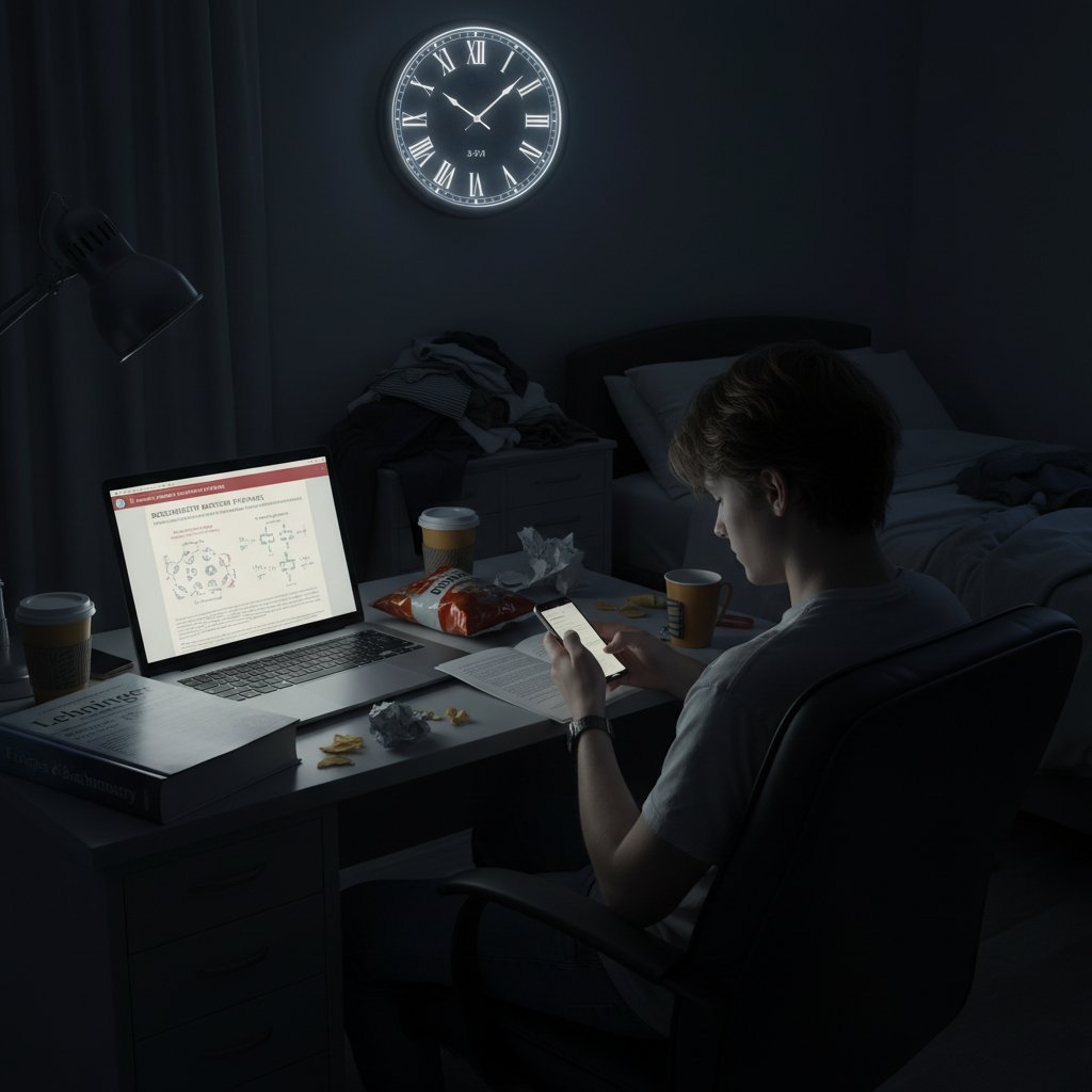 Student odkładający naukę, patrzy na zegar, otwarty laptop z niedokończonym zadaniem z biochemii