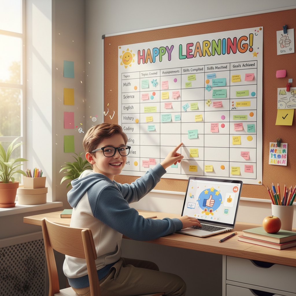 Zdjęcie: Zadowolony uczeń analizujący wykres postępów nauki na laptopie