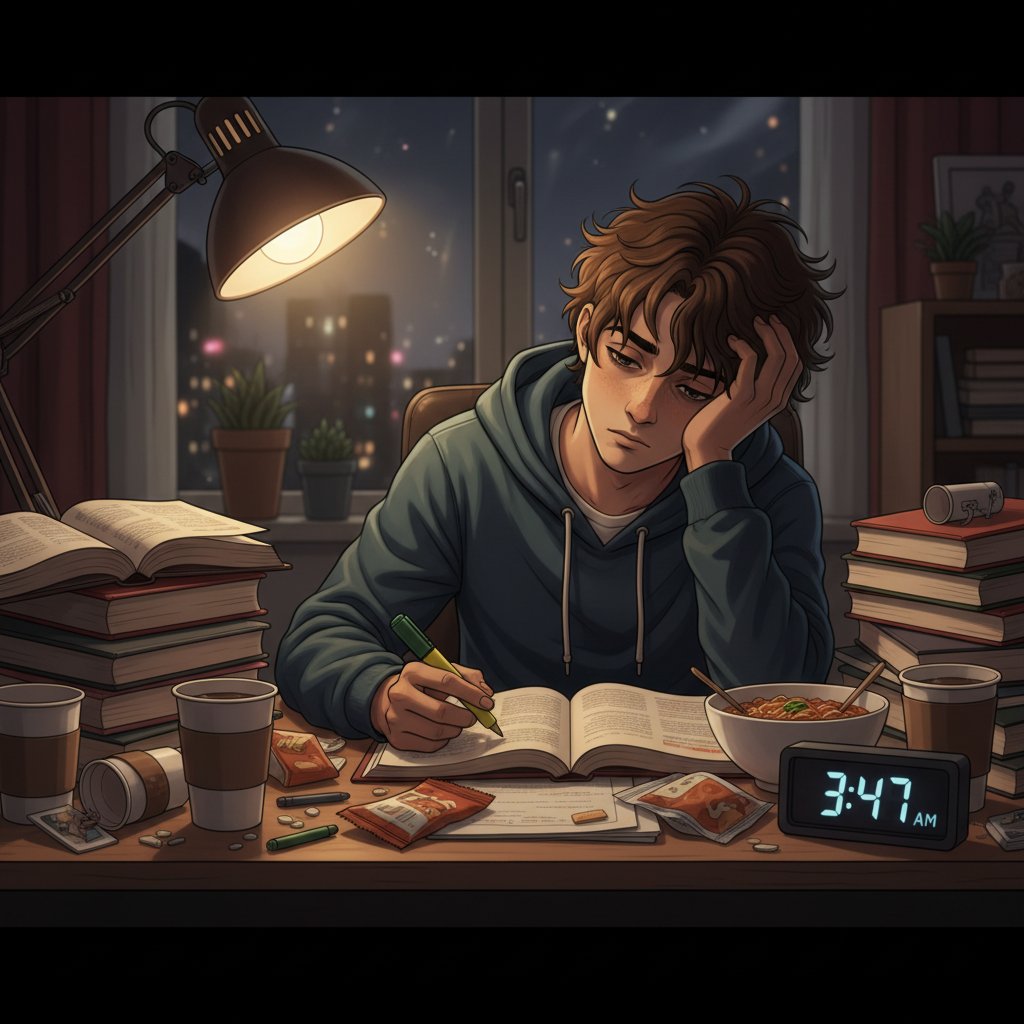 Młody student wpatrujący się bezmyślnie w notatki podczas nocnych powtórek, światło lampki, poczucie zmęczenia i frustracji