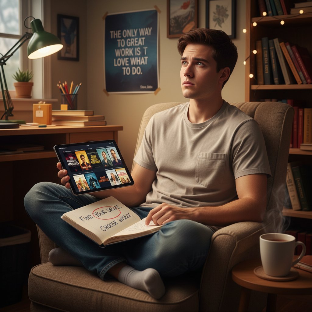Reflective student choosing a motivational film, journaling while browsing movie choices
