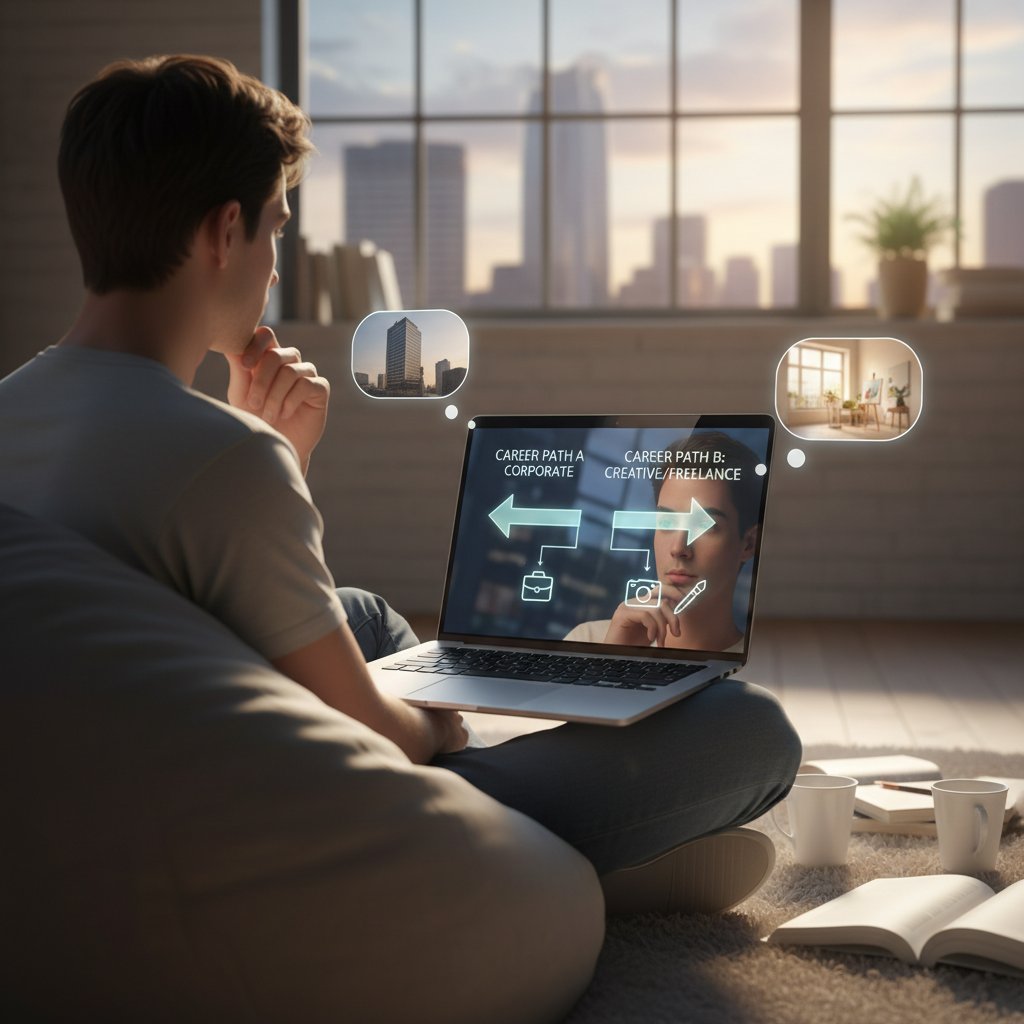 Student zastanawia się nad wyborem studiów online, zbliżenie na twarz w świetle ekranu laptopa