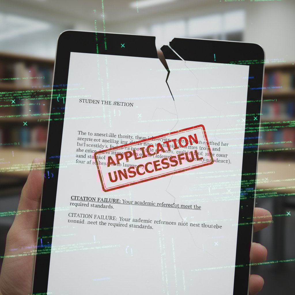 Student in front of a rejection letter, digital code overlay, symbolizing citation failure