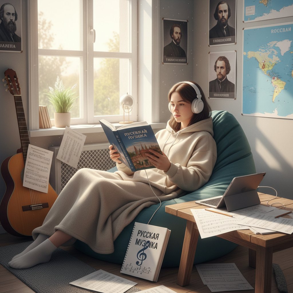 Student relaksuje się podczas nauki rosyjskiego, słucha muzyki, notatki i odręczny alfabet cyrylicy