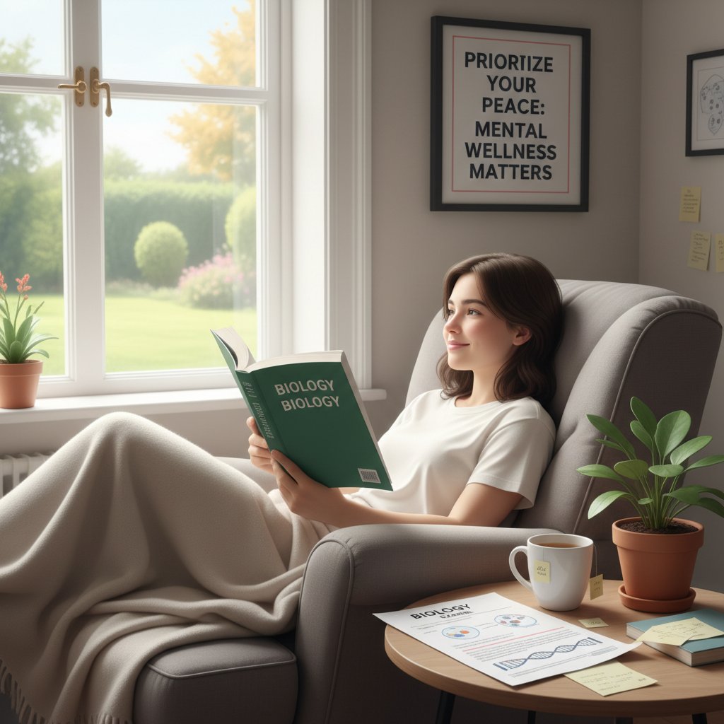 Maturzysta relaksujący się po nauce biologii, zdrowie psychiczne, spokój