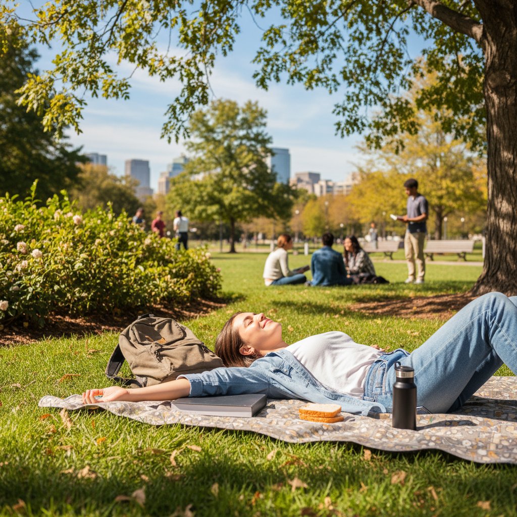 Studentka w parku, głęboko oddycha podczas przerwy w nauce, zielone otoczenie łagodzi stres, w tle notatki i plecak