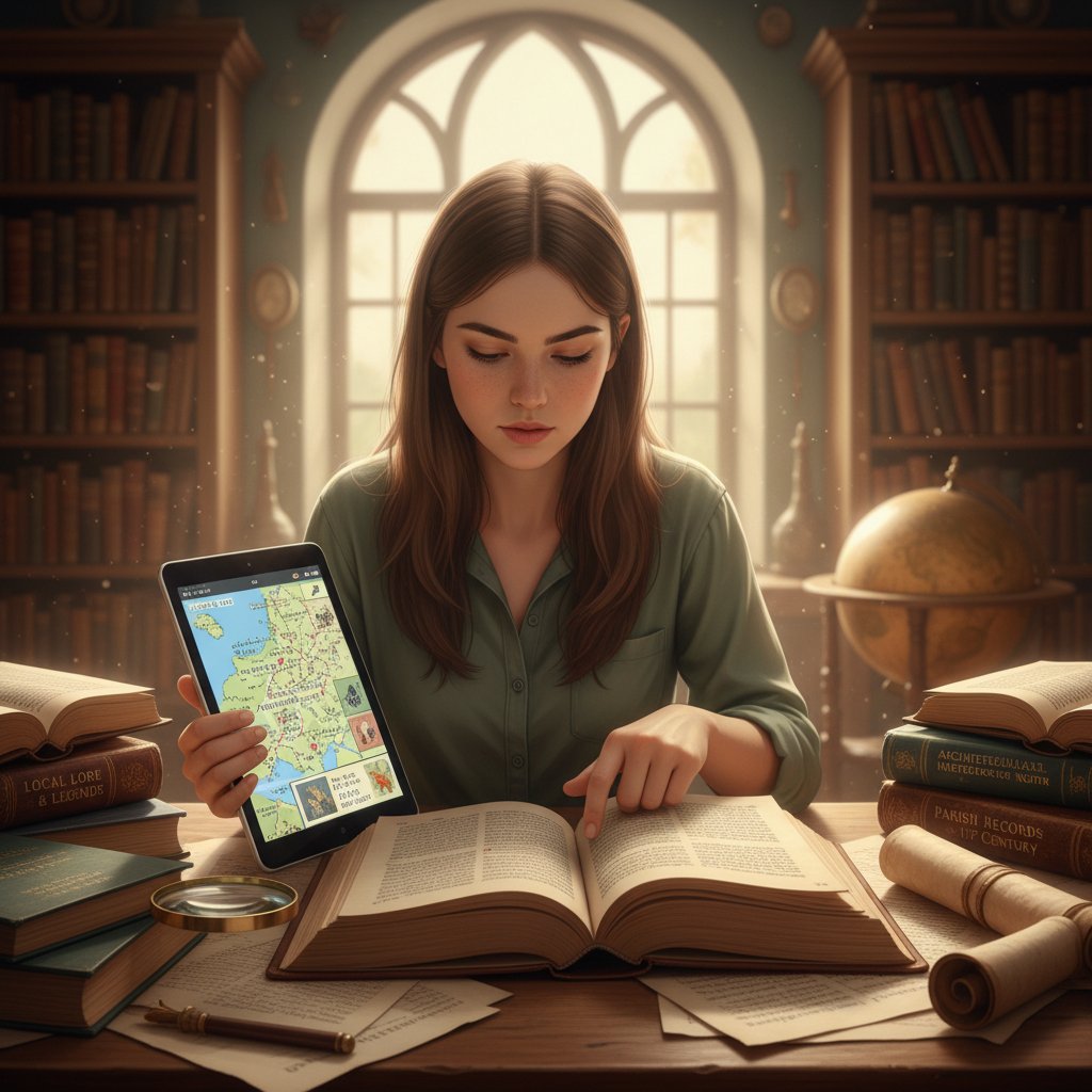 Uczeń badający historię na tablecie w otoczeniu książek – edukacja cyfrowa, historia regionalna online