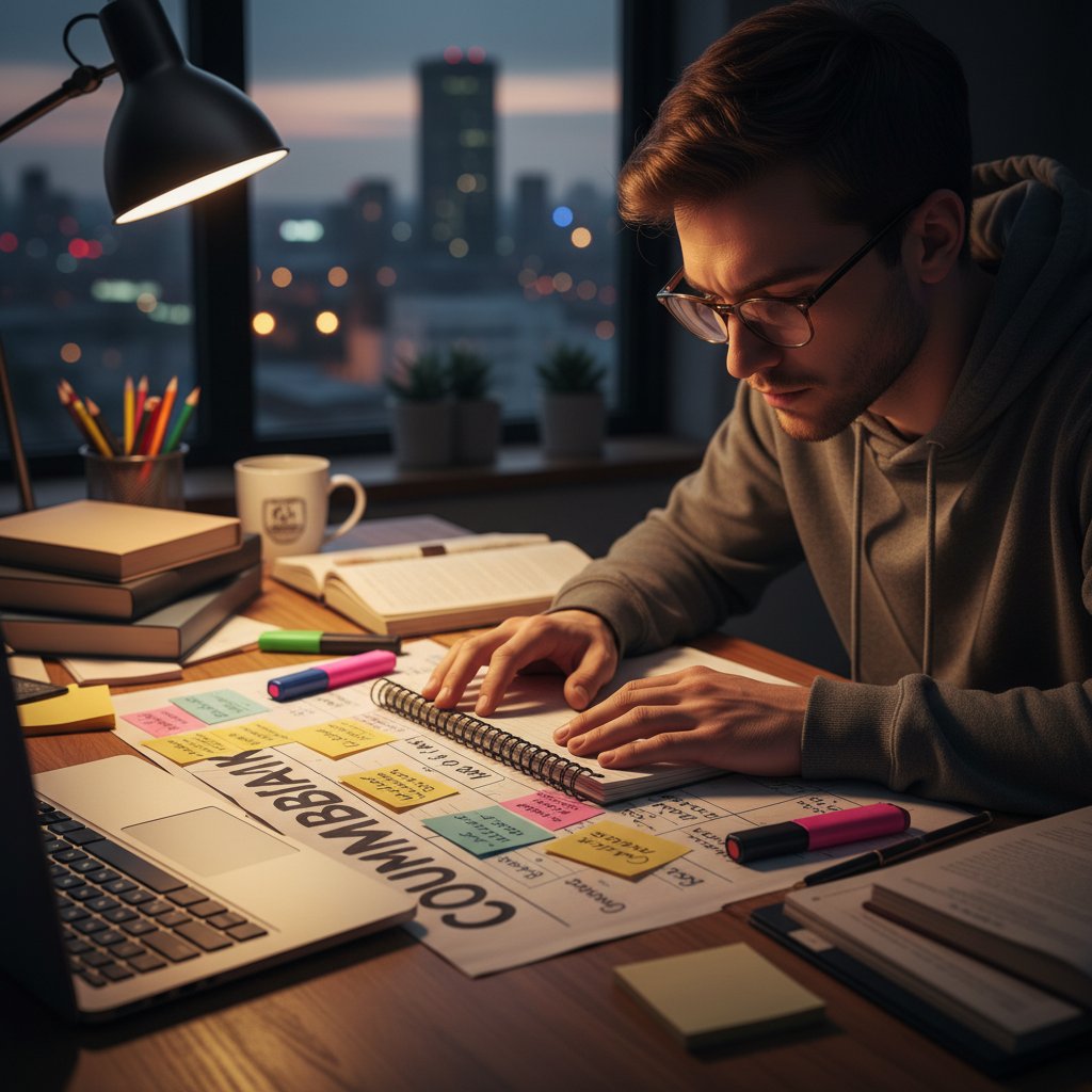 Uczeń wracający do nauki po przerwie, z planem na biurku, skupiony wyraz twarzy
