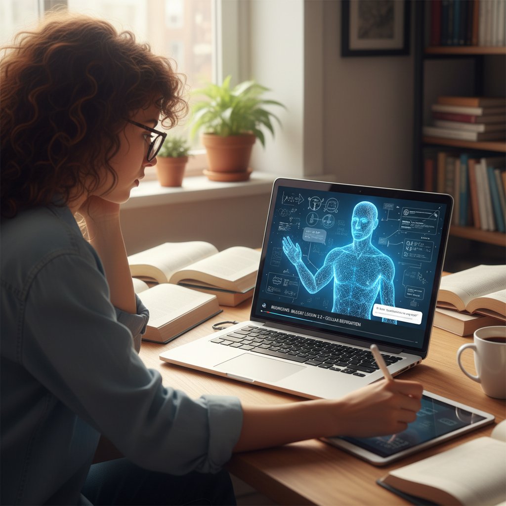 Uczeń powtarzający lekcję z nagrania, w tle ekran laptopa z AI tutor