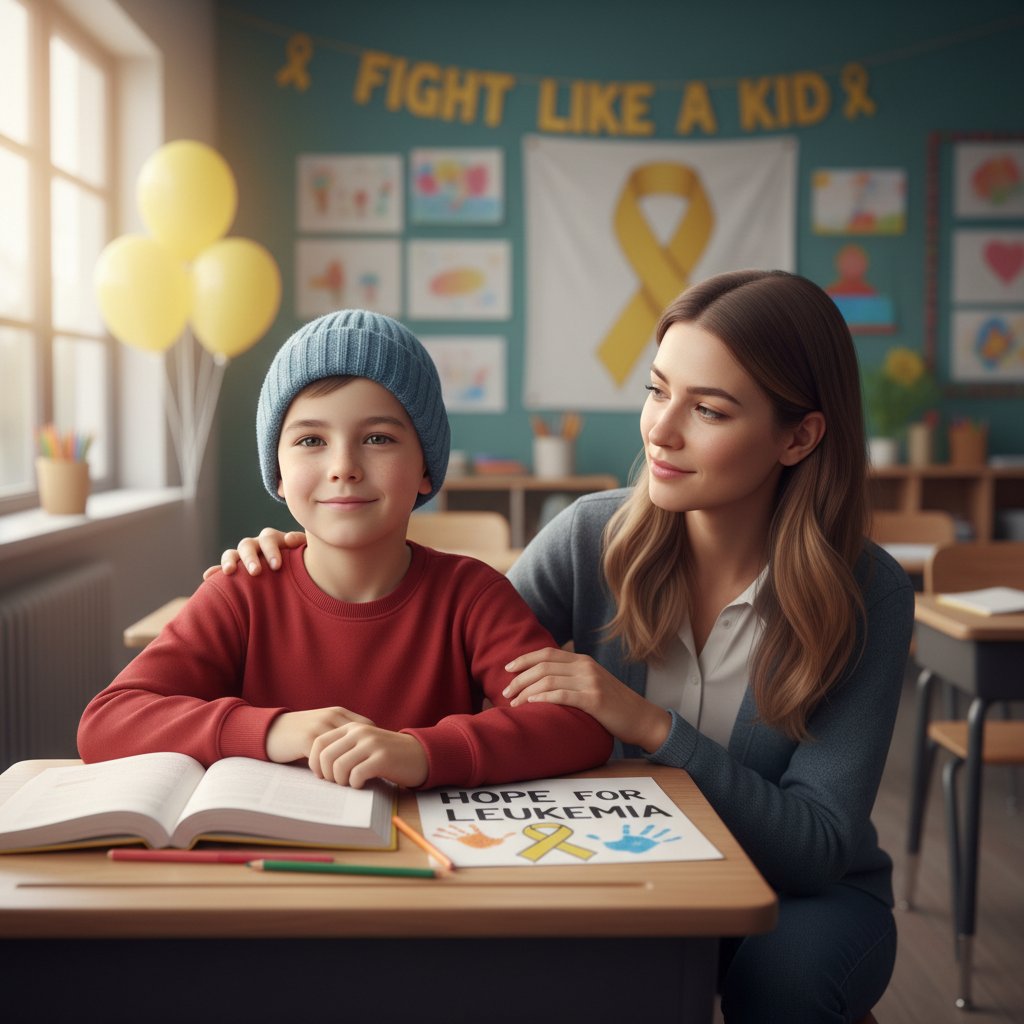 Uczeń z białaczką pracujący przy biurku w szkole z nauczycielem, wsparcie edukacyjne