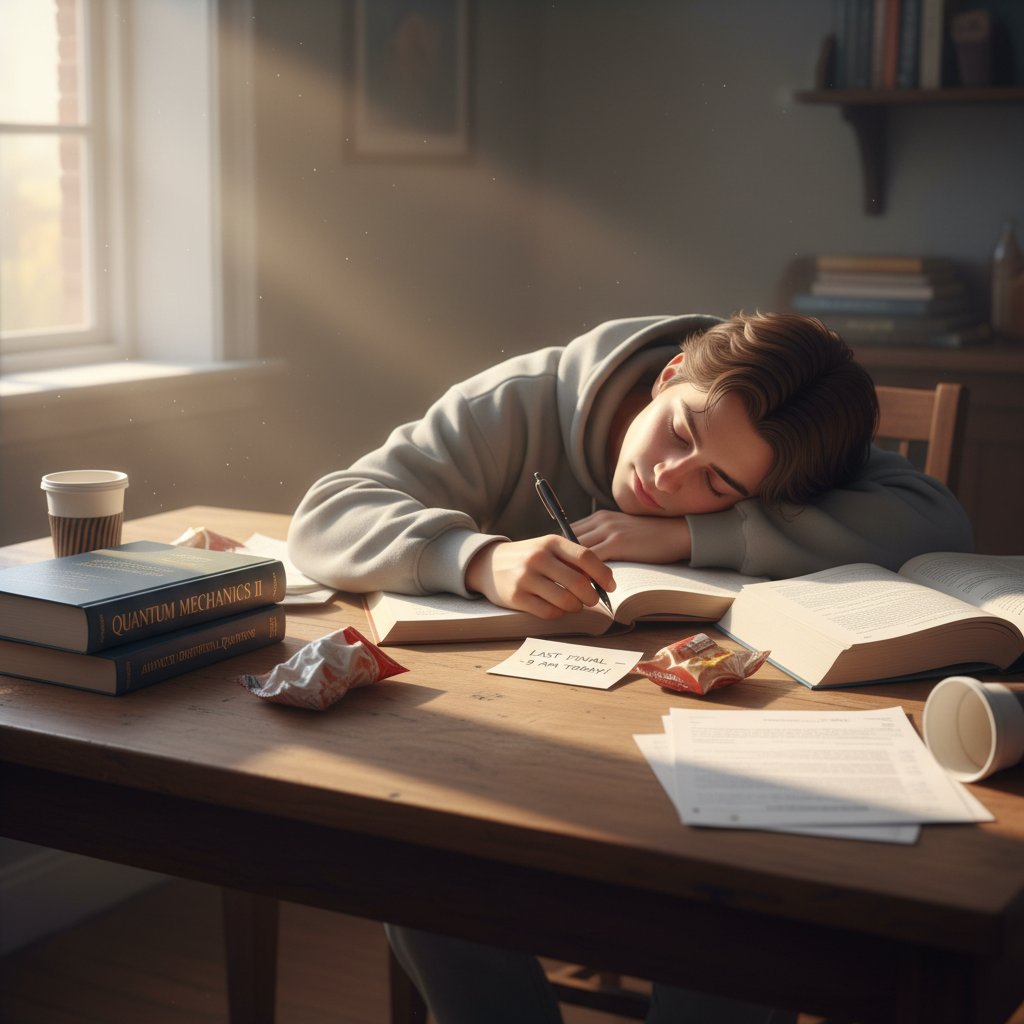 Zdjęcie śpiącego ucznia wśród książek, światło poranne, atmosfera ulgi po egzaminie
