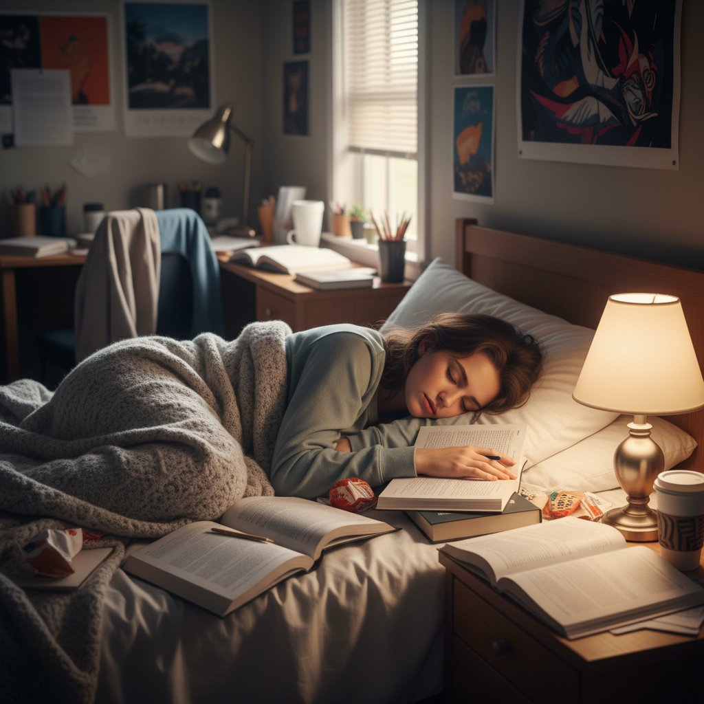 Sen jako kluczowy element nauki – zdjęcie ucznia śpiącego z książkami na łóżku, półmrok, relaksująca atmosfera