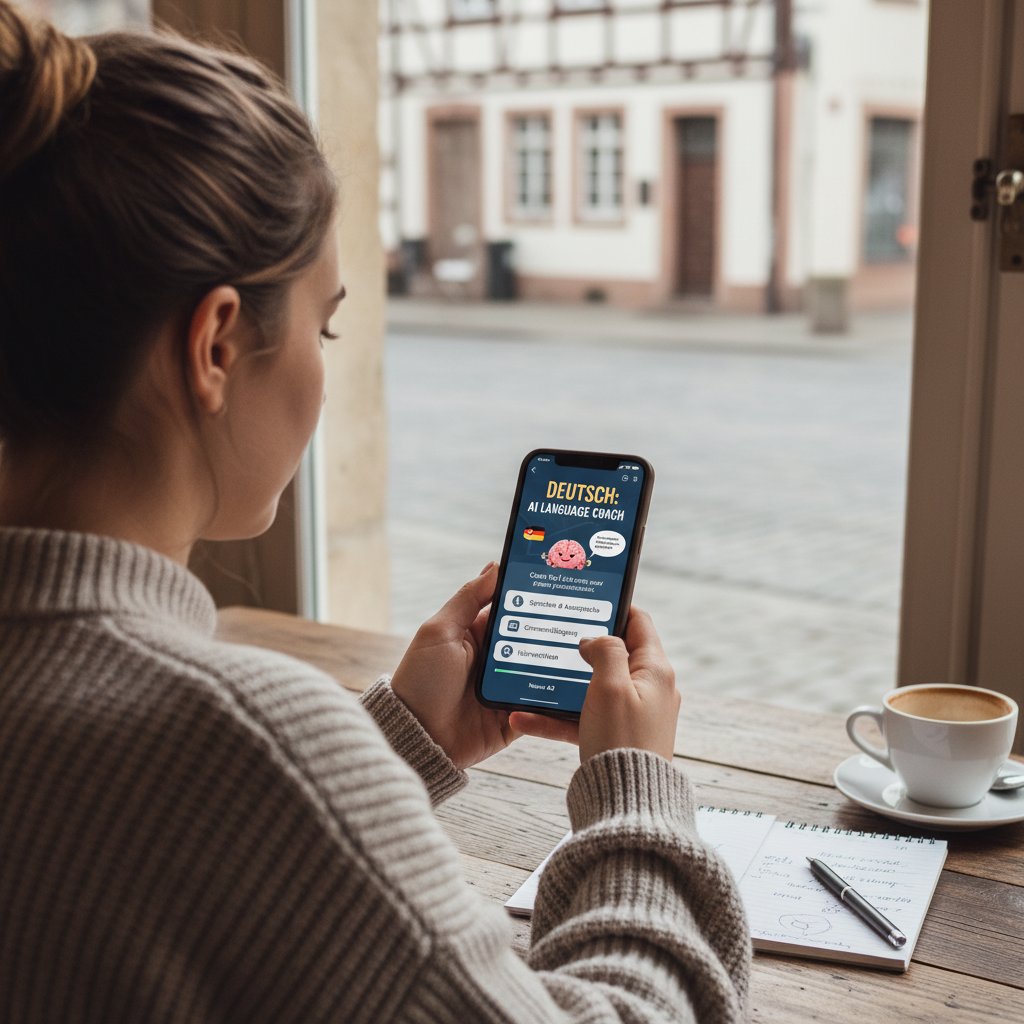 Student korzystający z aplikacji AI na smartfonie – inteligentna pomoc niemiecki online