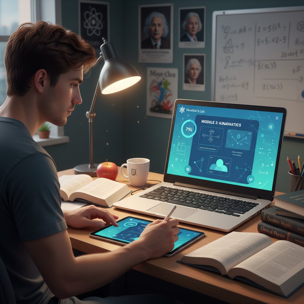 Student rozwiązujący zadania fizyczne przy komputerze, notatki i aplikacja edukacyjna w tle
