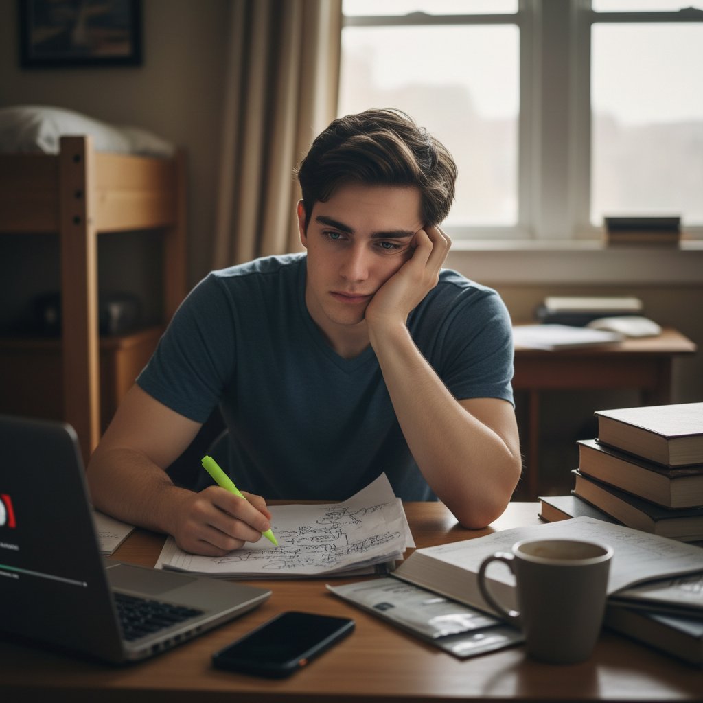 Student wpatrujący się tępo w notatki – pasywna nauka bez efektów