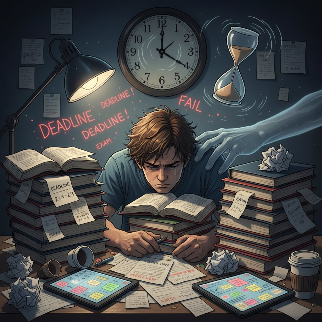 Student pod presją czasu, zegar, notatki, napięta atmosfera