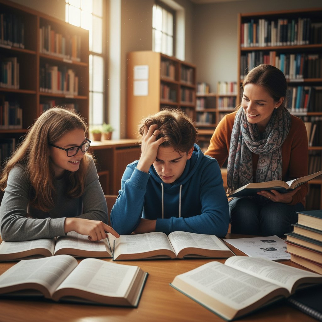 Uczeń analizuje trudny fragment książki, wsparcie ze strony kolegów i nauczyciela, współpraca