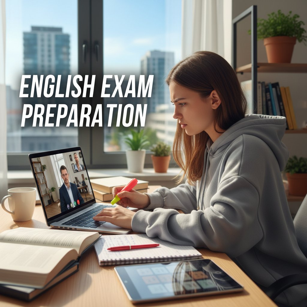 Studentka podczas intensywnej nauki online do egzaminu FCE, z widocznymi materiałami i laptopem