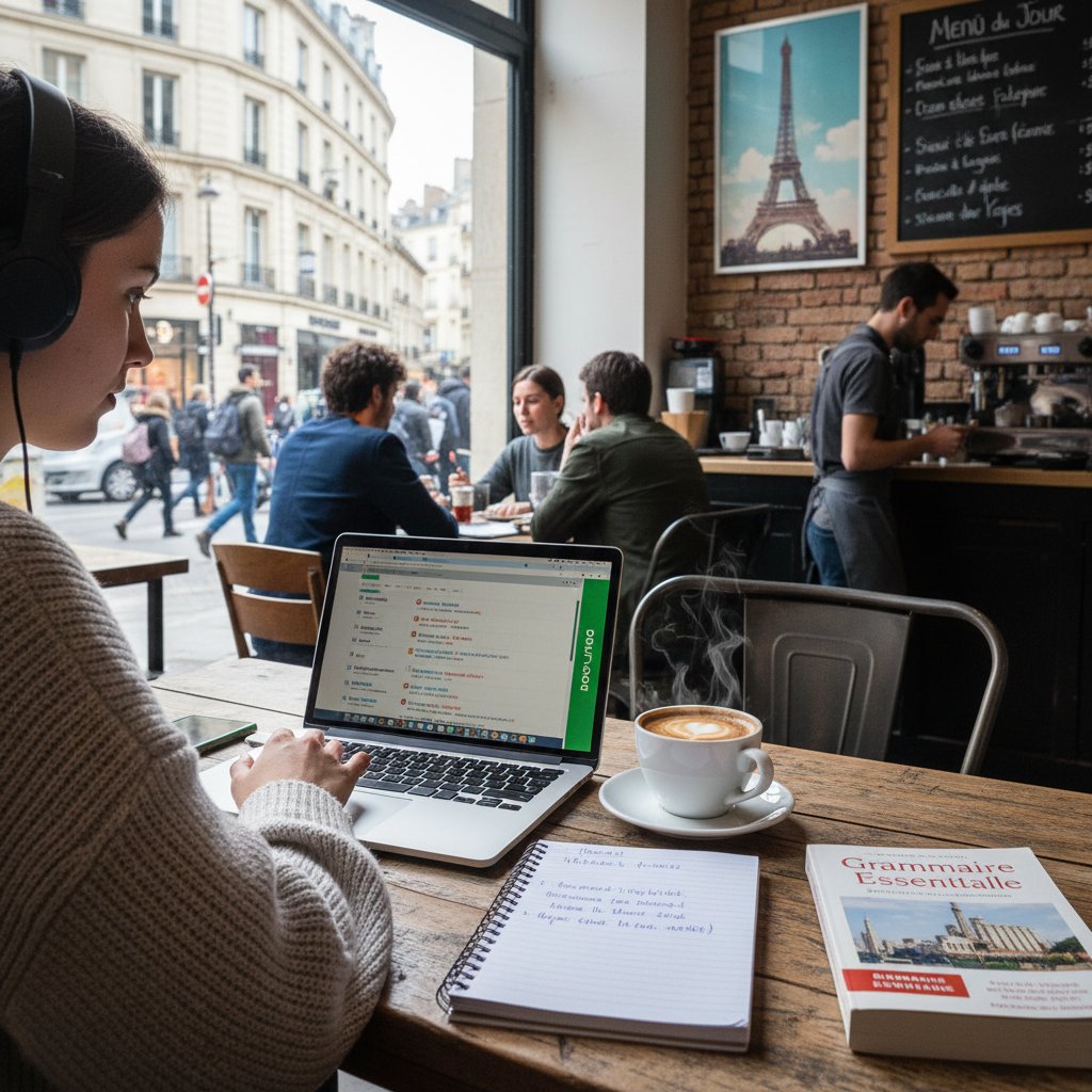 Student uczący się francuskiego codziennie, siedzi z laptopem i kawą w miejskiej kawiarni