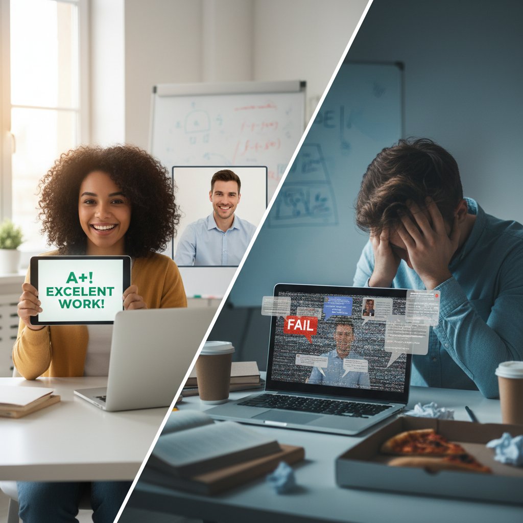 Sukces i porażka na platformie korepetycji – uczeń świętujący przed ekranem oraz zawiedziony przy komputerze