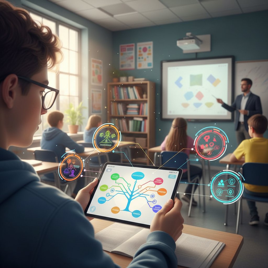 Uczeń korzystający z tabletu podczas interaktywnej lekcji online, na ekranie wyświetlają się kolorowe schematy i mapy myśli