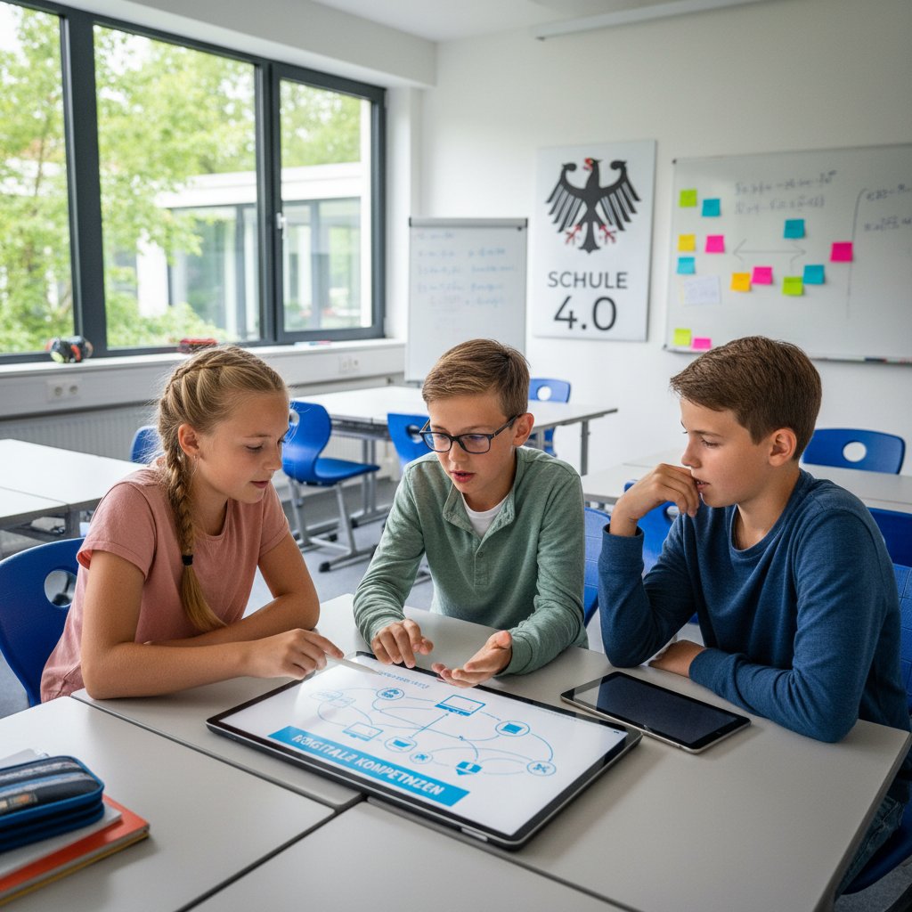 Schülerin am Tablet, diskutiert Daten mit Mitschülern, Fokus auf kollaborativem Lernen