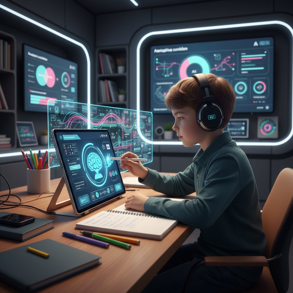 Zdjęcie ucznia korzystającego z tabletu podczas personalizowanej nauki, algorytmy edukacyjne, korepetycje online