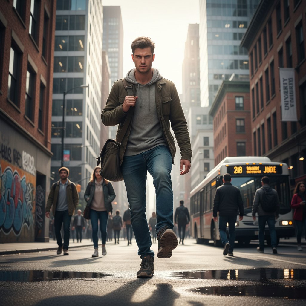 Uczeń podejmujący pierwsze kroki w nauce do matury z biologii online, zdecydowana mina, miejskie tło, wieczór