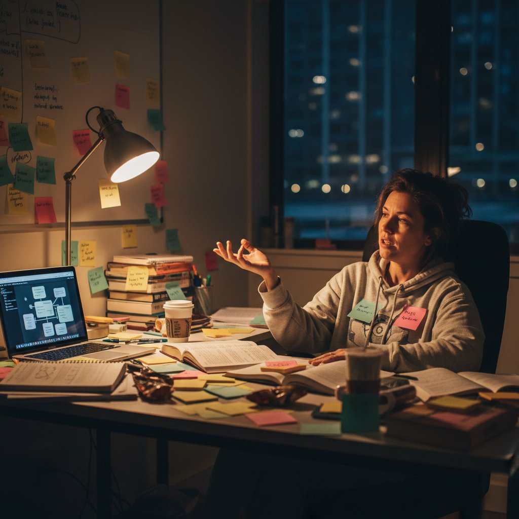 Uczeń powtarzający materiał na głos w nocy, otoczony karteczkami i notatkami, efektywna nauka przed egzaminem